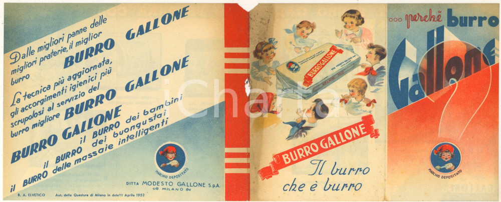 Materiale pubblicitario d’epoca 1952 MILANO Ditta Modesto GALLONE  Burro GALLONE  Pieghevole pubblicitario 1