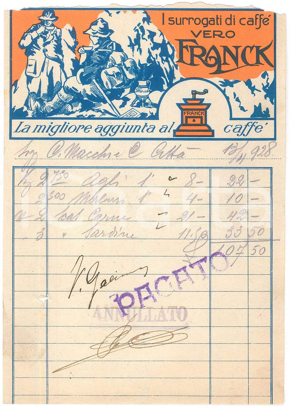 Documento originale, autentico 1928 MILANO Ditta FRANCK  Surrogati di CaffÃ¨  Ricevuta ILLUSTRATA 1