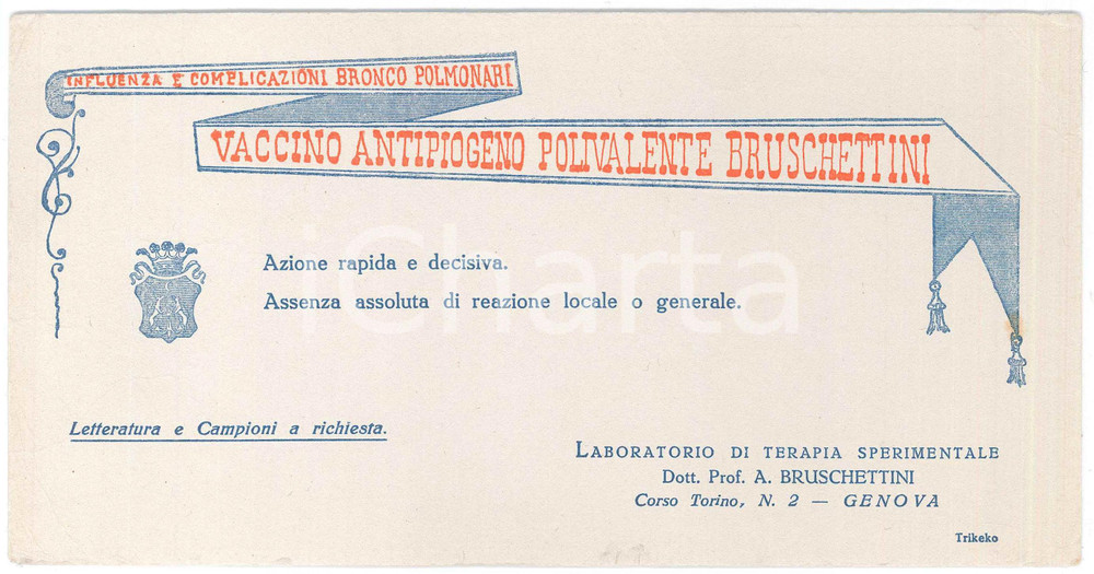Materiale pubblicitario d’epoca 1910 ca GENOVA Vaccino antipiobico BRUSCHETTINI Carta assorbente FARMACEUTICA 1