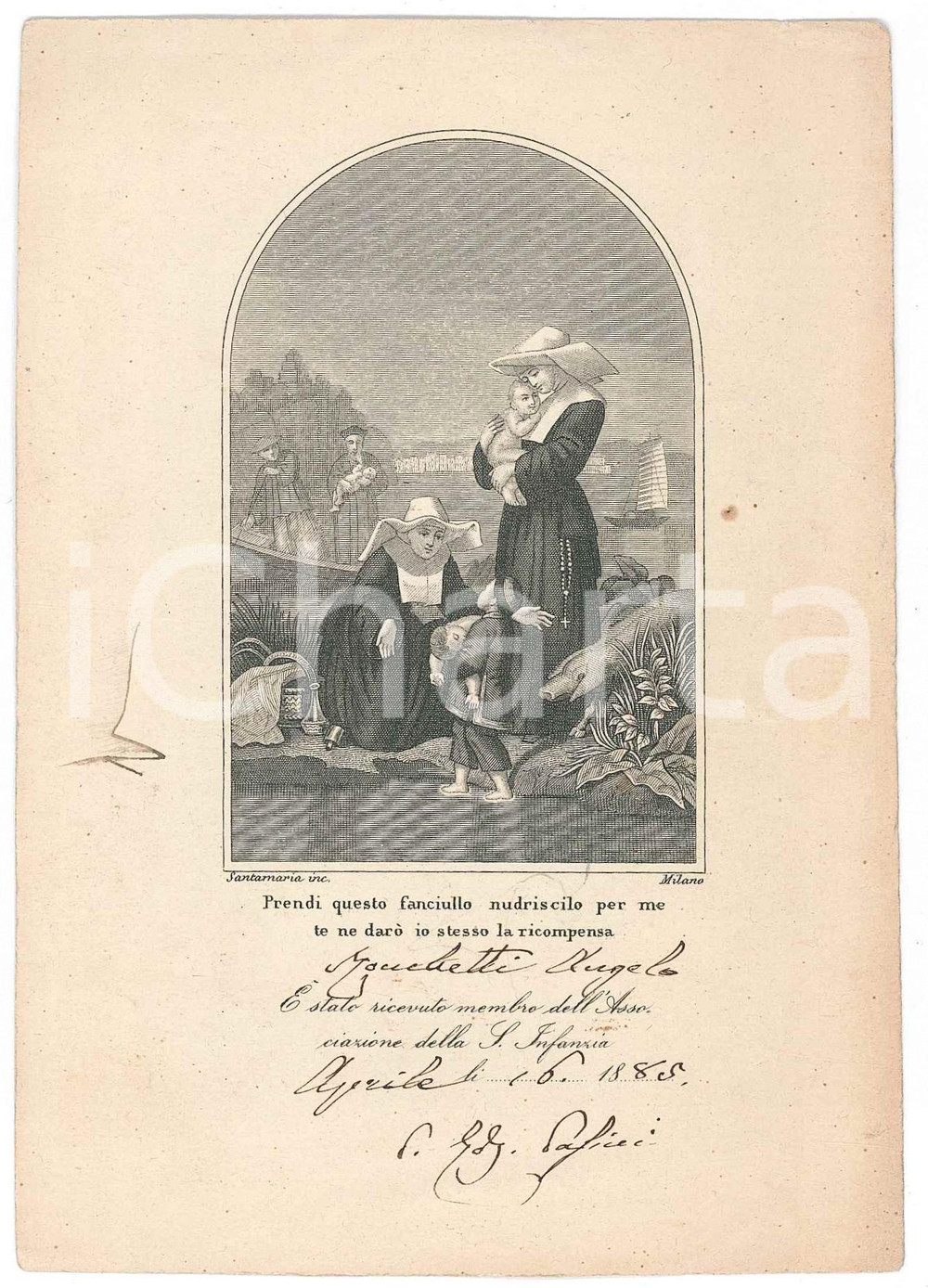 Oggetto da collezione cartaceo 1885 Associazione della S. Infanzia  Biglietto Angelo MONCHETTI nuovo membro 1