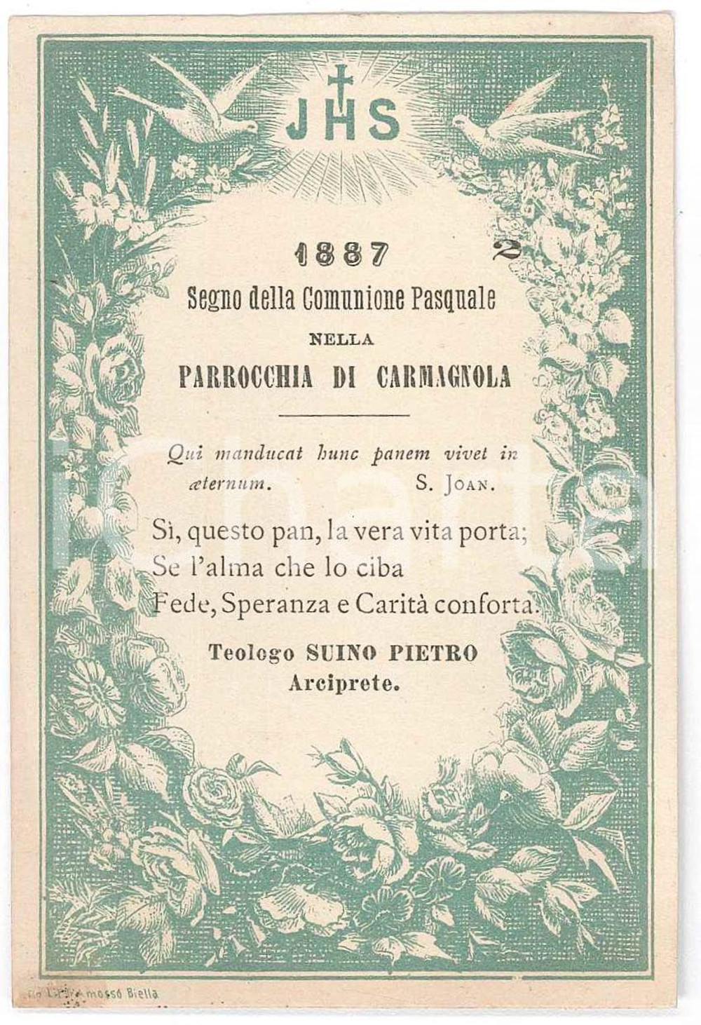 Documento originale, autentico 1887 Parrocchia di CARMAGNOLA TO Ricordo Comunione pasquale  Biglietto 1
