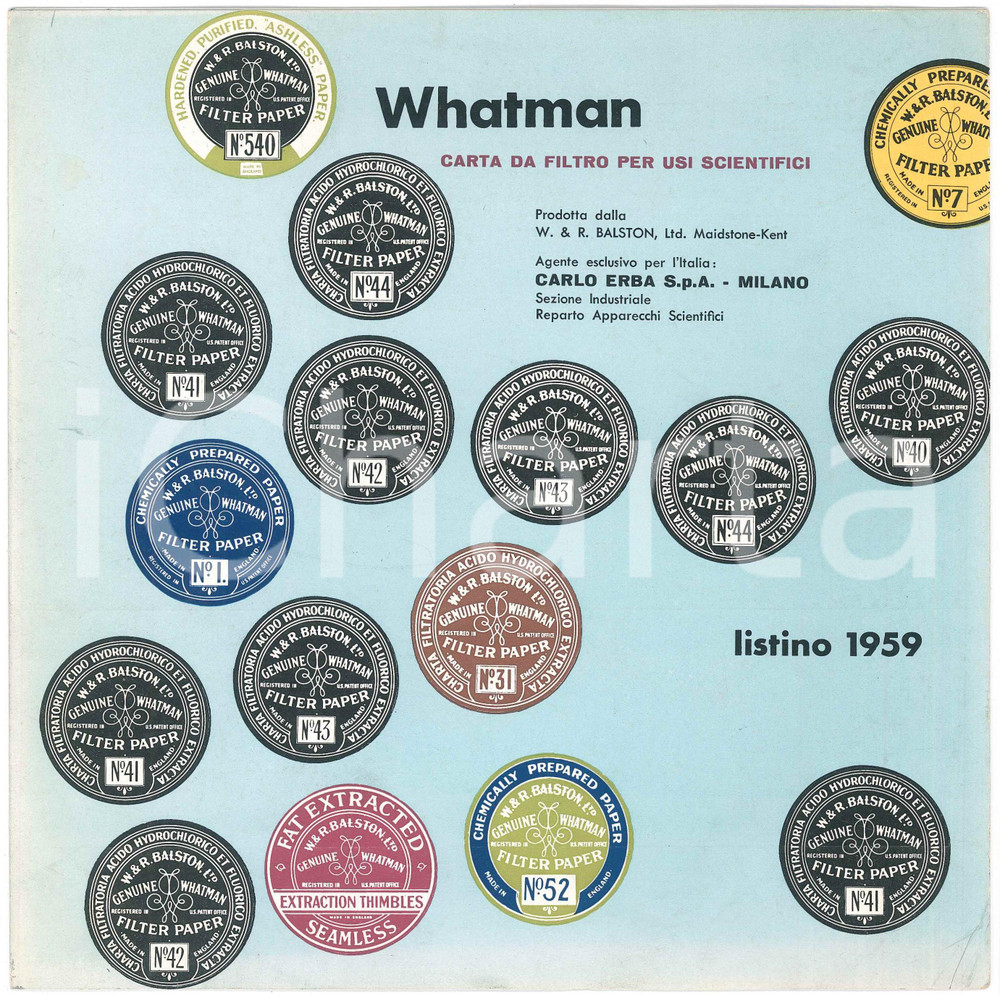 Materiale pubblicitario d’epoca 1959 MAIDSTONE Ditta W. & R. BALSTON  Carta da filtro WATMAN  Listino 1