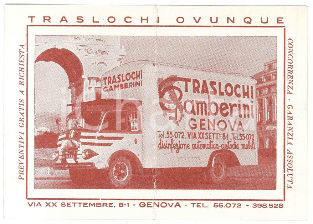 Materiale pubblicitario d’epoca 1950 ca GENOVA  Traslochi GAMBERINI  Biglietto pubblicitario DANNEGGIATO 1