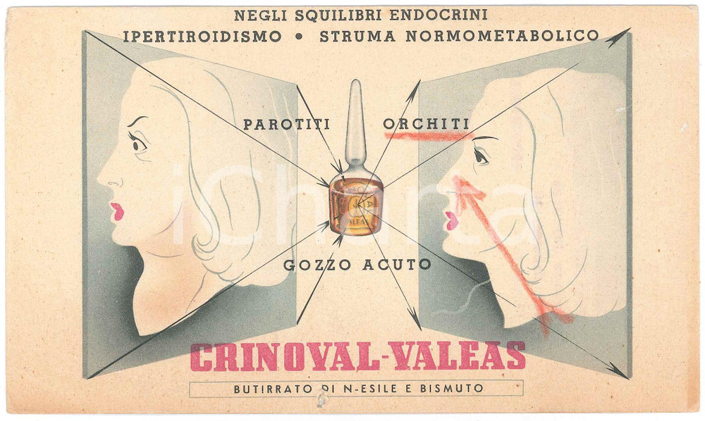 Materiale pubblicitario d’epoca 1949 FARMACEUTICA MILANO  CRINOVAL VALEAS Tiroide Cartoncino pubblicitario 1