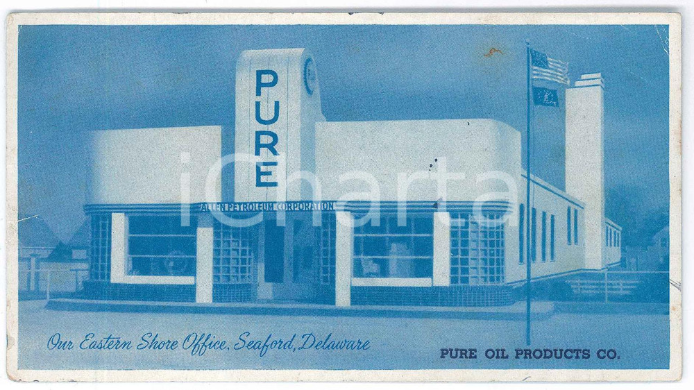 Materiale pubblicitario d’epoca 1950 ca SEAFORD DELAWARE, USA PURE OIL  Eastern Shore Office  Ad card 1