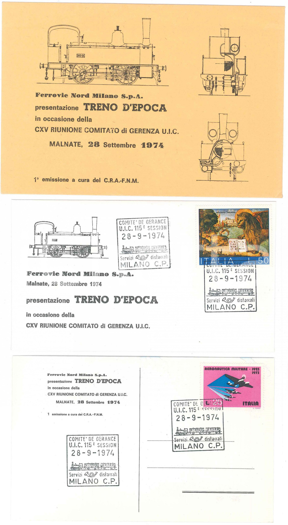 Materiale pubblicitario d’epoca 1974 MALNATE  FERROVIE NORD MILANO Presentazione treno d epoca Cartolina FDC 1
