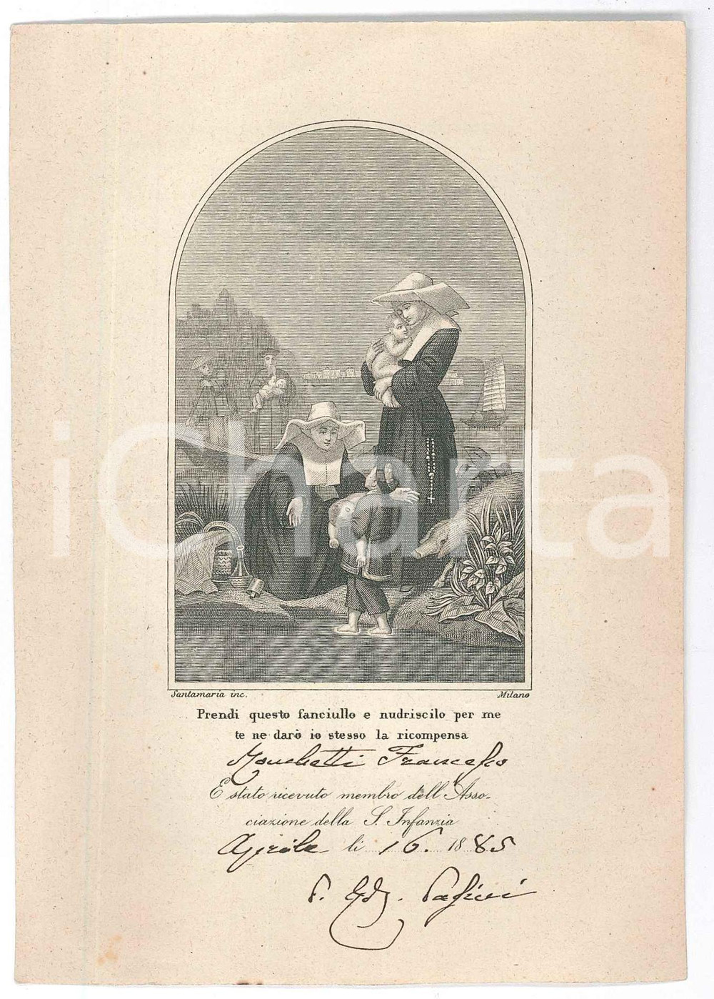 Oggetto da collezione cartaceo 1885 Associazione della S. Infanzia Biglietto Angelo MONCHETTI nuovo membro 1