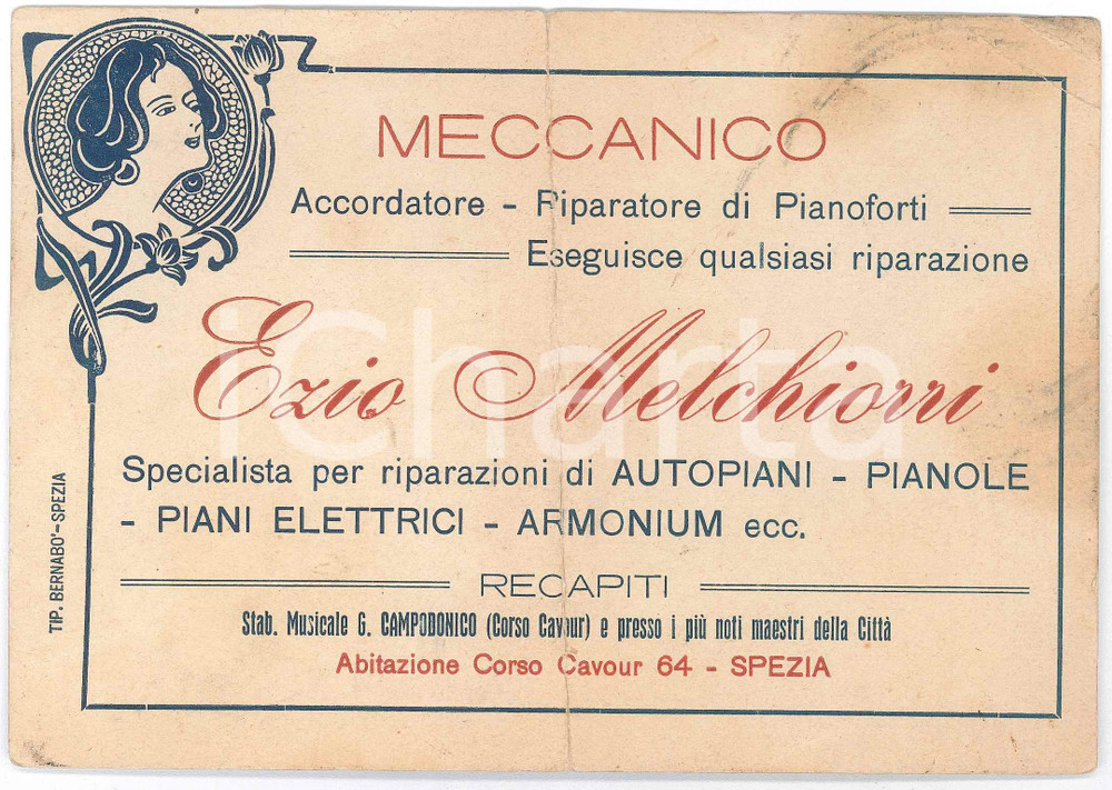 Materiale pubblicitario d’epoca 1920 ca LA SPEZIA  Ezio MELCHIORRI riparatore pianoforti  Biglietto 18x13 cm 1