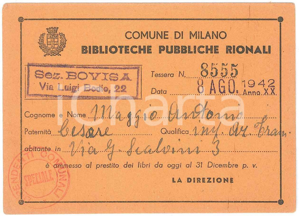 Oggetto da collezione cartaceo 1942 MILANO  BOVISA Tessera della biblioteca di Via Luigi Bodio  10x7 cm 1 1