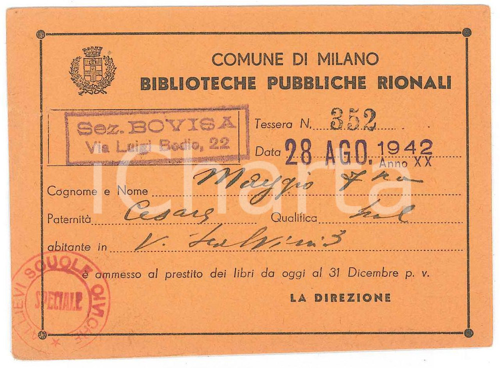 Oggetto da collezione cartaceo 1942 MILANO  BOVISA Tessera della biblioteca di Via Luigi Bodio  10x7 cm 1