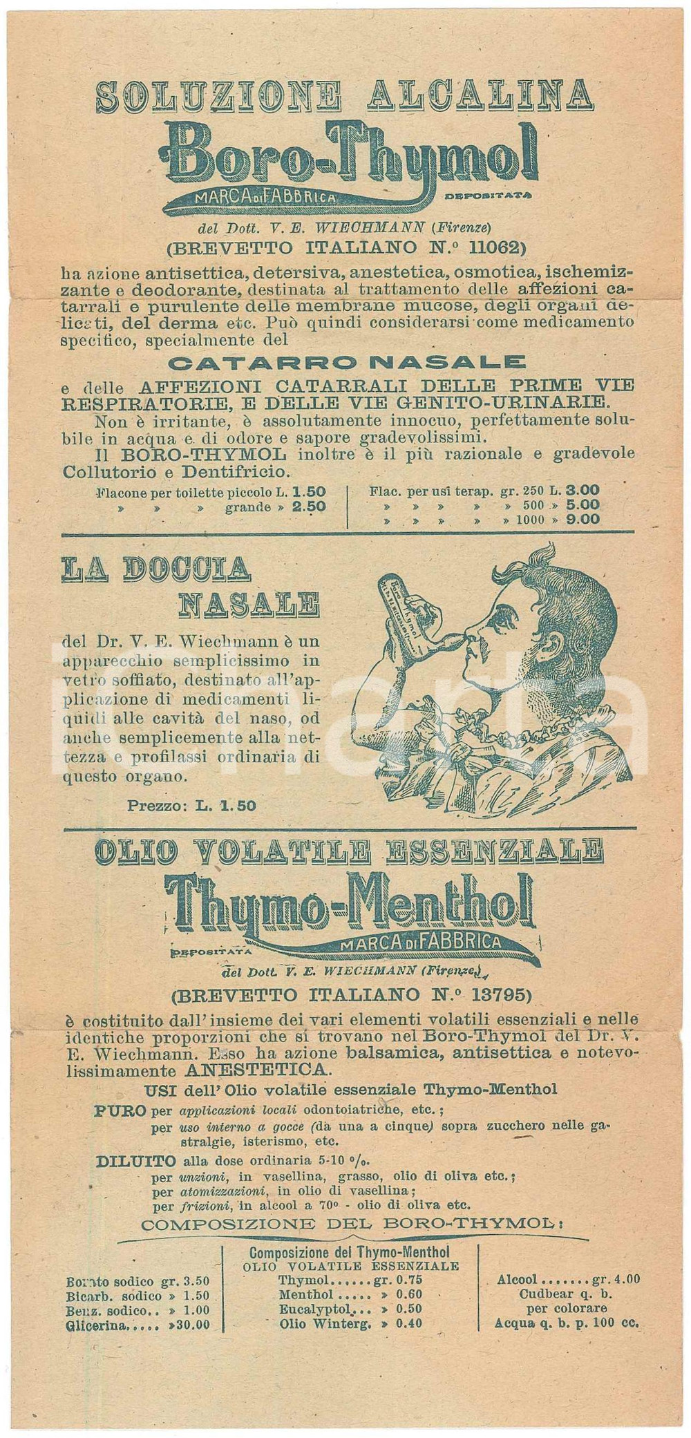 Materiale pubblicitario d’epoca 1914 FARMACEUTICA FIRENZE Losanghe tosse THYMO MENTHOL volantino pubblicitario 1