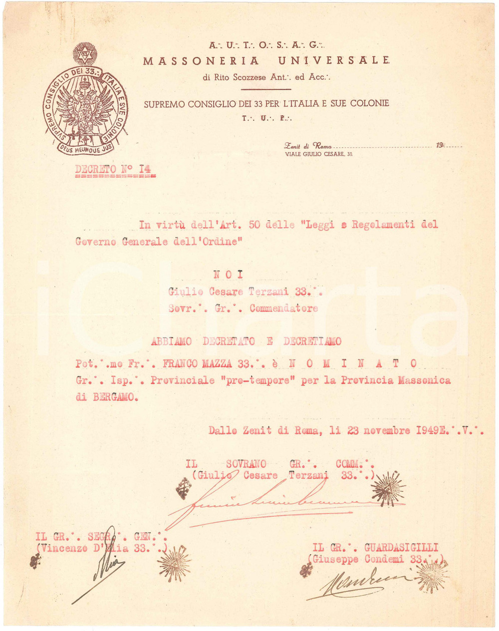 Documento originale, autentico 1949 ROMA MASSONERIA Nomina Franco MAZZA ispettore protempore a Bergamo 1