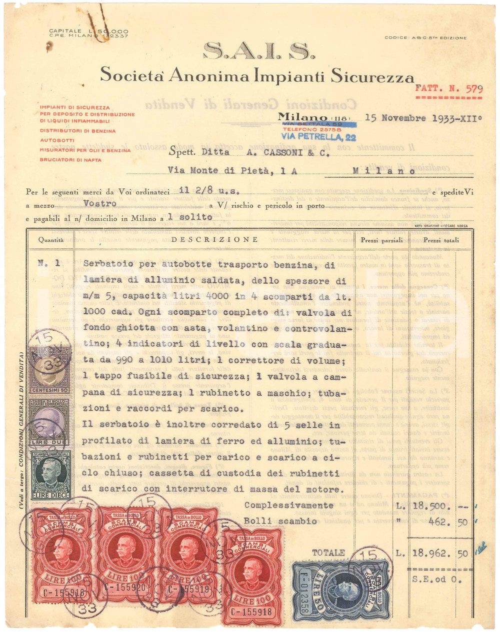 Documento originale, autentico 1933 MILANO Via Petrella 22 SAIS Società impianti di sicurezza Fattura 22x28 cm 1