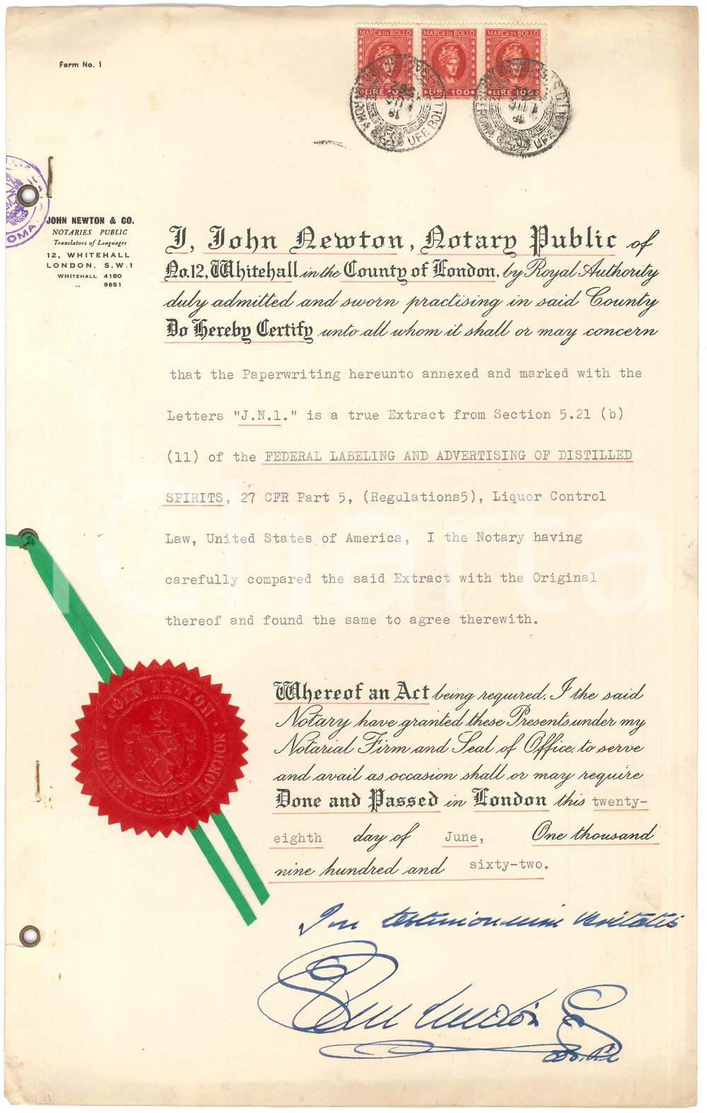 Documento originale, autentico 1962 LONDON Notarial certificate  Extract US Federal Labeling  SCOTCH WHISKY 1