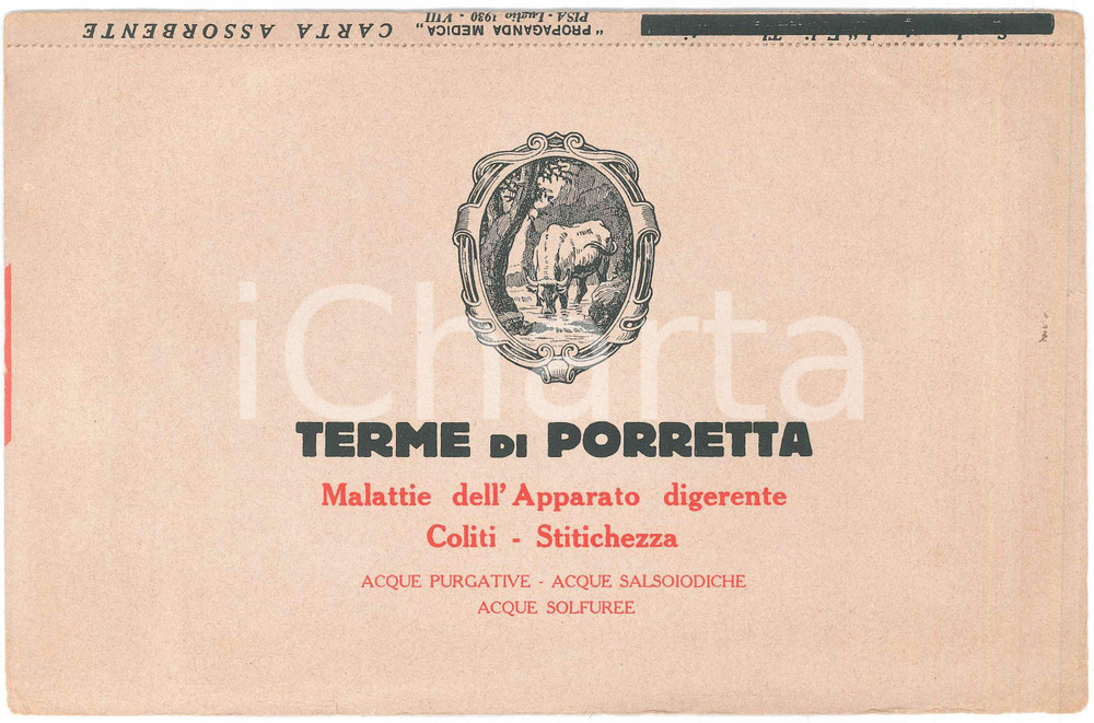 Materiale pubblicitario d’epoca 1930 FARMACEUTICA  TERME DI PORRETTA Acque purgative Carta assorbente 1