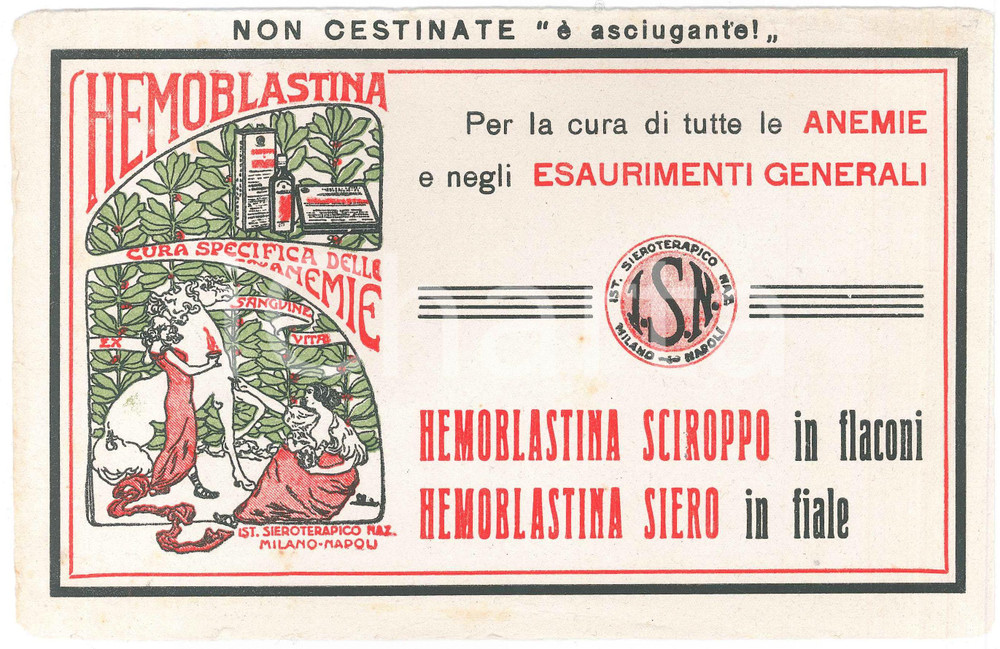 Materiale pubblicitario d’epoca 1930 FARMACEUTICA Istituto Sieroterapico  HEMOBLASTINA anemie Carta assorbente 1