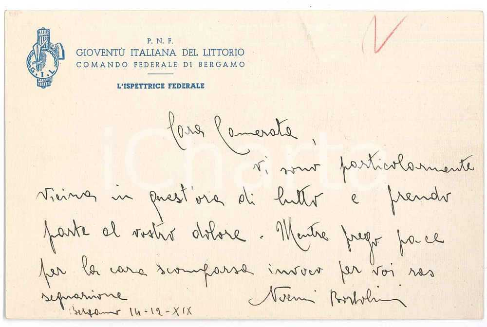 Documento originale, autentico 1940 PNF GIL BERGAMO Biglietto condoglianze Noemi BORTOLI ispettrice federale 1