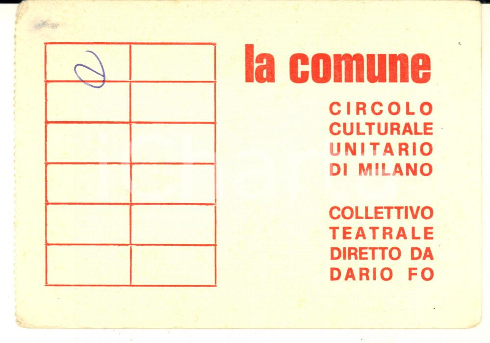 Oggetto da collezione cartaceo 1974 MILANO Circolo LA COMUNE  Collettivo diretto da Dario Fo  Tessera 1