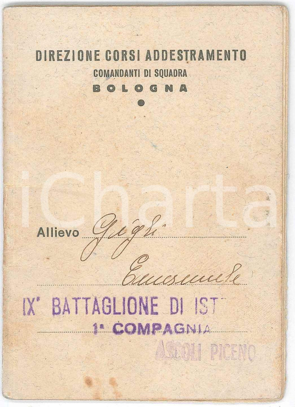 Documento originale, autentico 1942 WW2 REGIO ESERCITO ASCOLI PICENO Addestramento  Libretto inni e canzoni 1