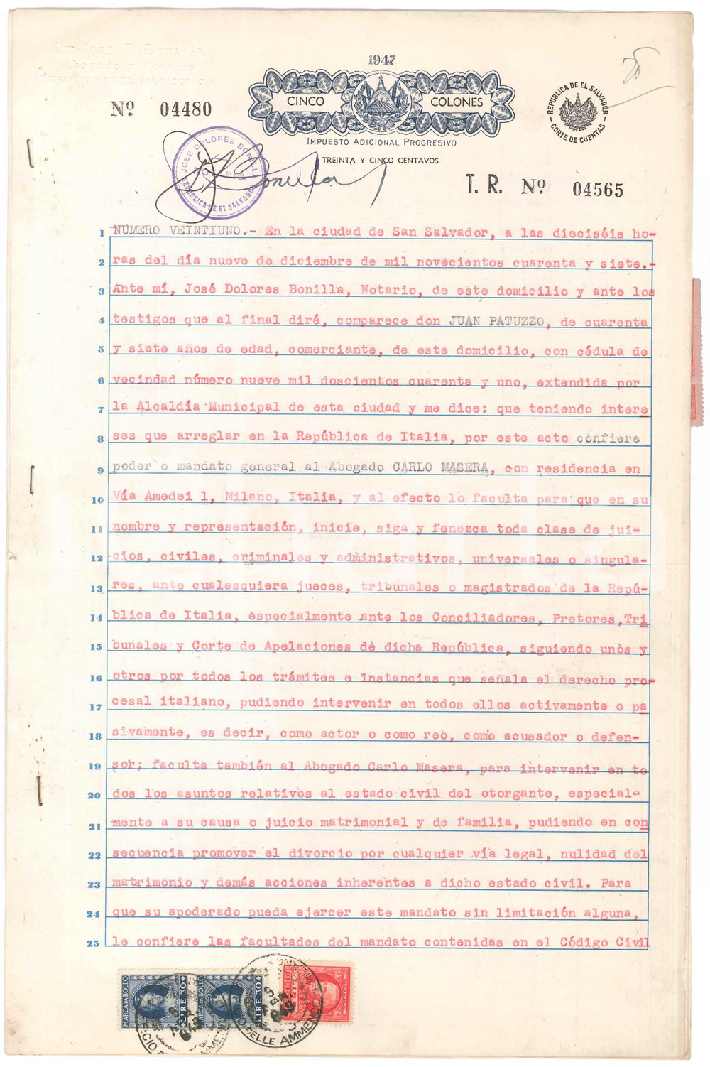 Documento originale, autentico 1947 EL SALVADOR Nomina avv. Carlo MASERA legale rappresentante di Juan PATUZZO 1