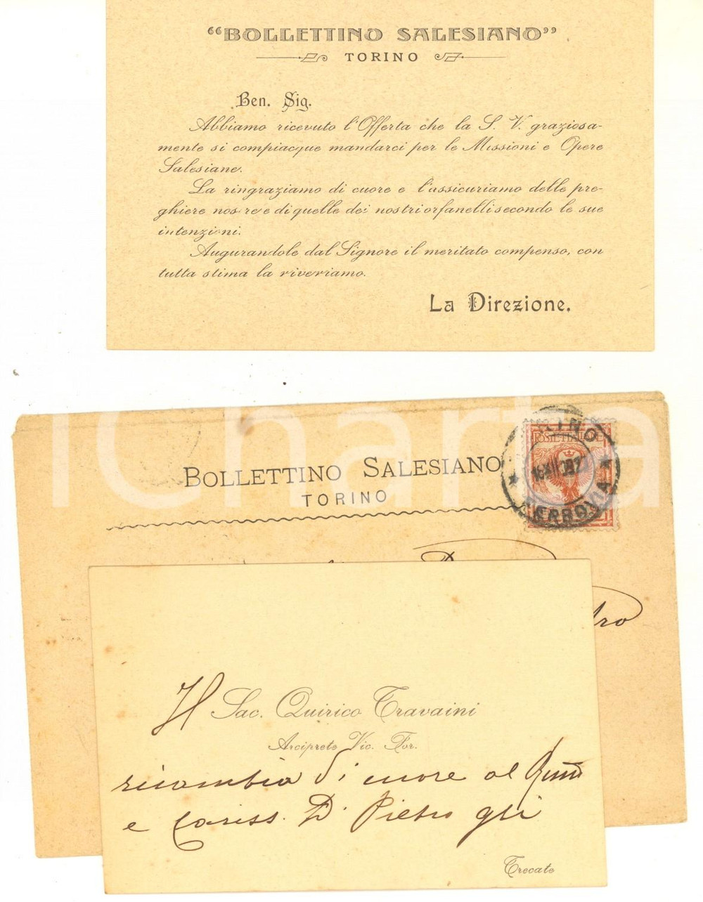 Autografo originale 1909 TRECATE NO Don Quirico TRAVAINI Arciprete  Biglietto AUTOGRAFO 1