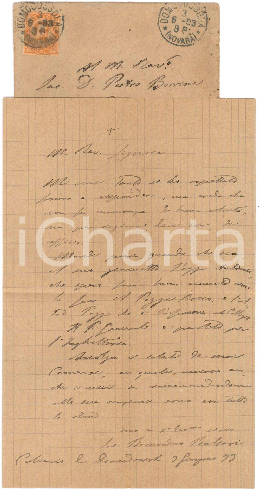Autografo originale 1893 DOMODOSSOLA Padre Bernardino BALSARI Lettera pro giovane allievo AUTOGRAFO 1