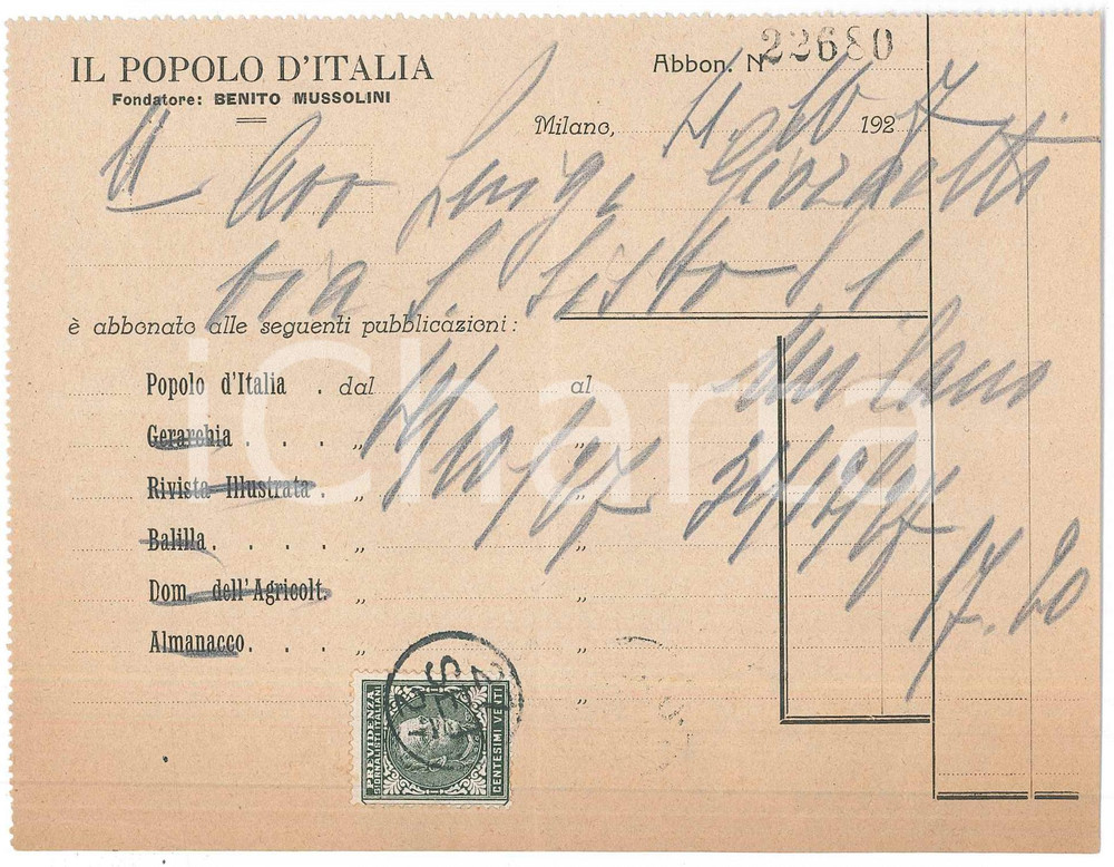 Documento originale, autentico 1927 MILANO  Giornale IL POPOLO D ITALIA  Ricevuta abbonamento 1