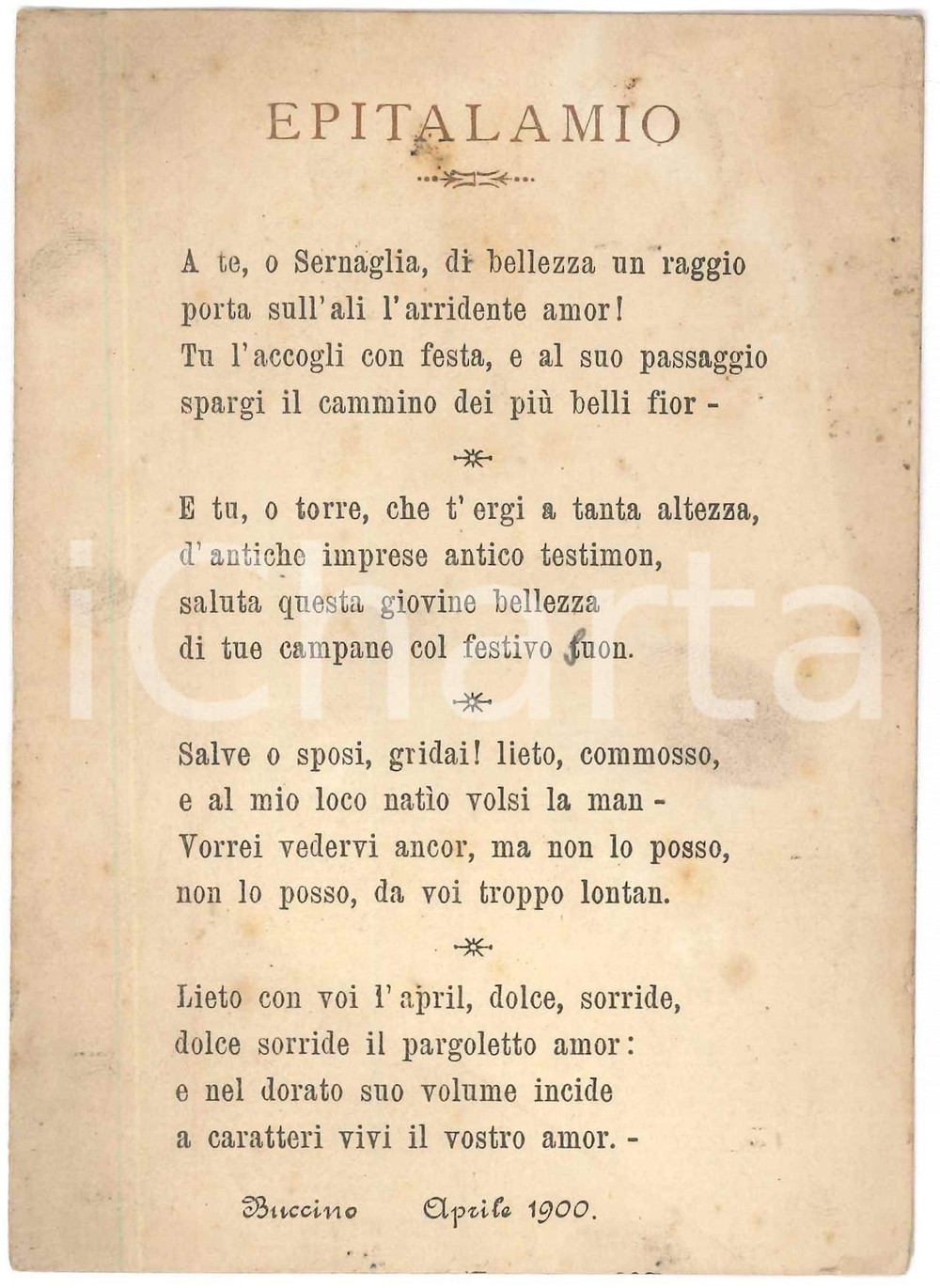 Documento originale, autentico 1900 BUCCINO SA Epitalamio  Sonetto dedicatorio gli sposi 1