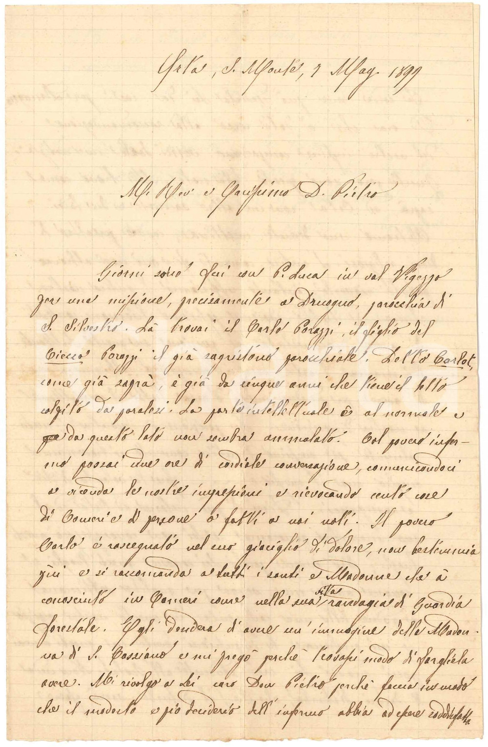 Manoscritto, lettera originale 1899 SACRO MONTE DI ORTA Lettera fra Tommaso da CAMERI sulla vita dei religiosi 1