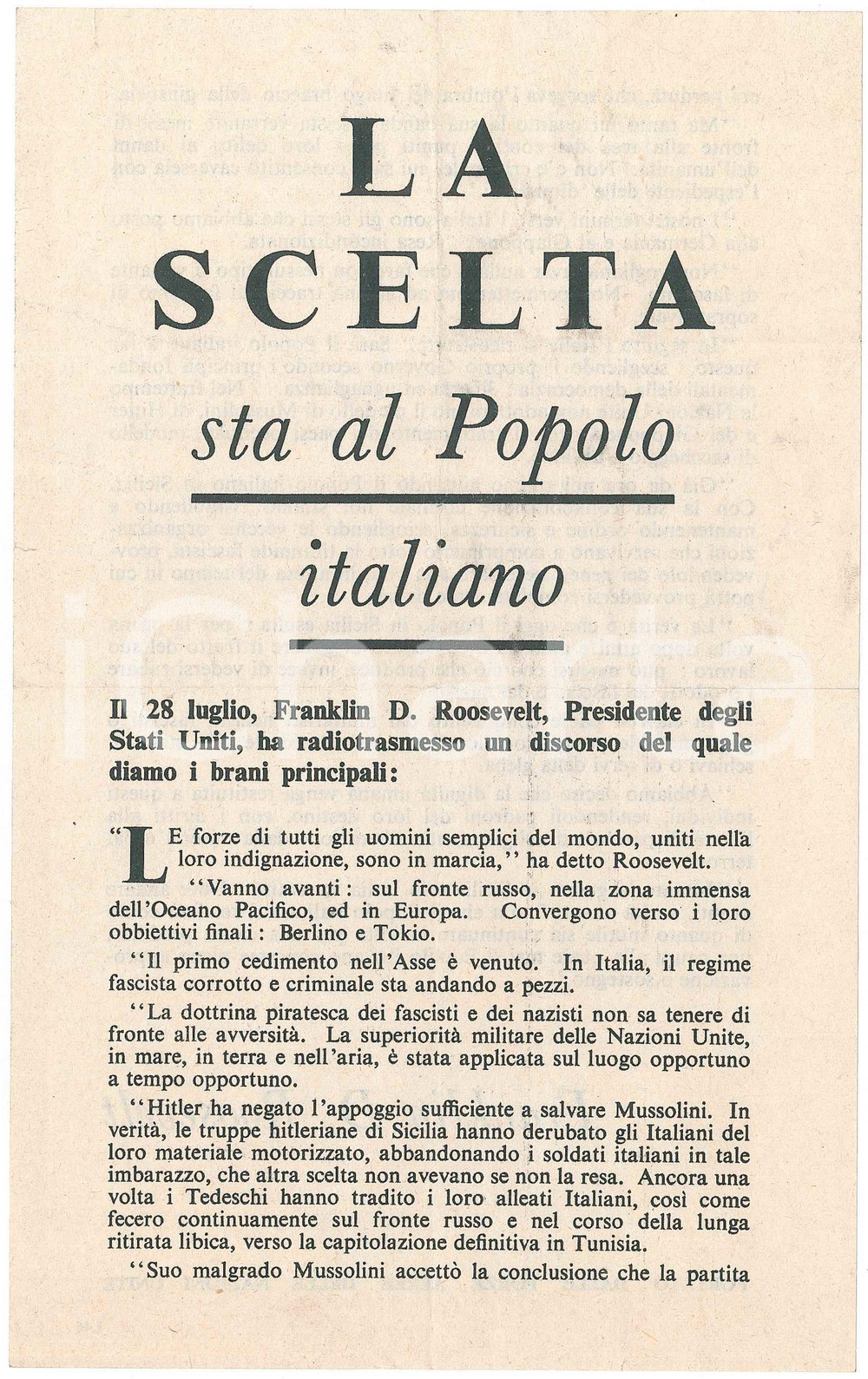 Materiale pubblicitario d’epoca 1945 ca WW2 PROPAGANDA ALLEATA La scelta al Popolo italiano Volantino ROOSEVELT 1