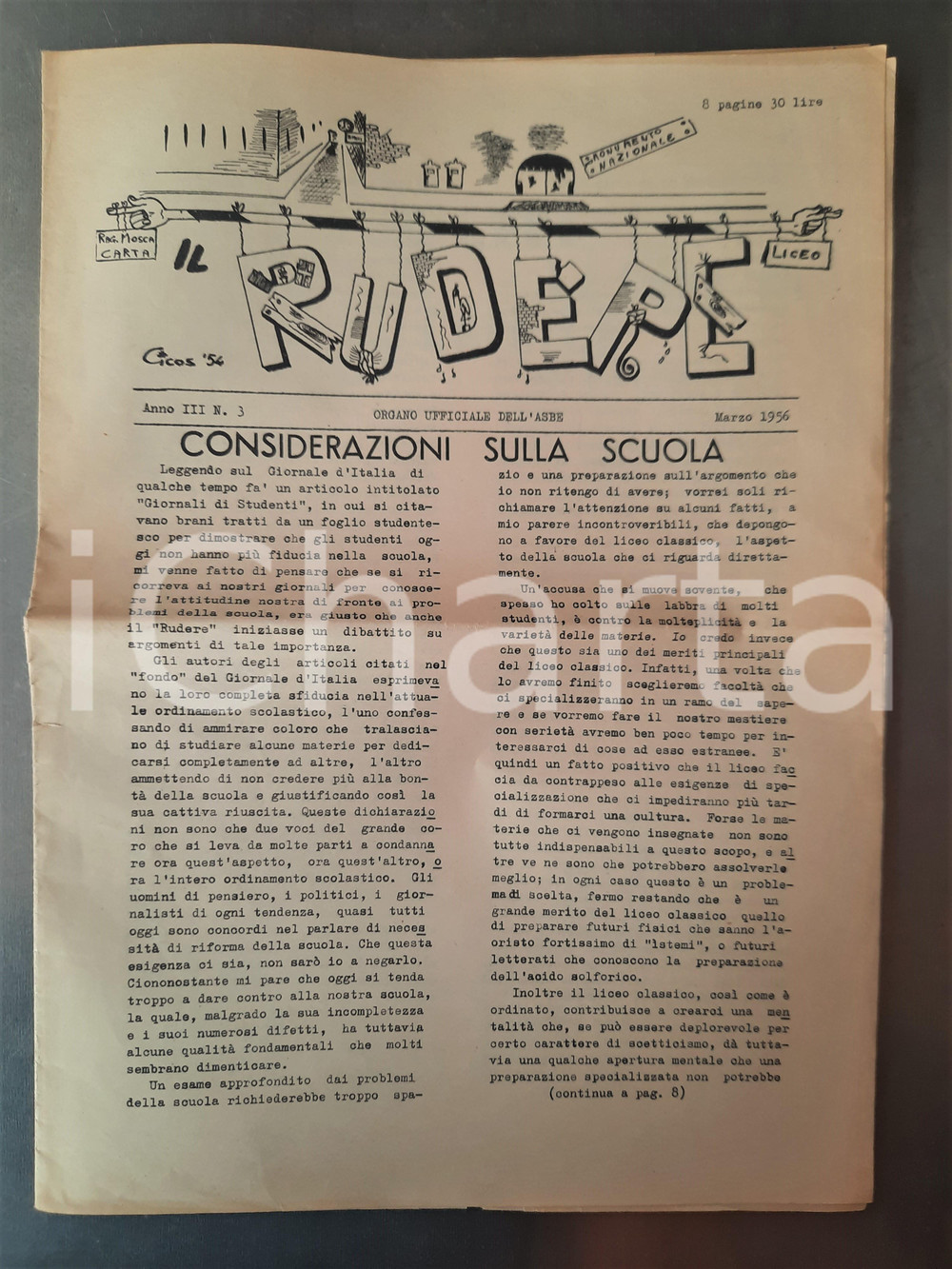 Giornale, rivista storica 1956 MILANO Liceo BECCARIA  RUDERE Giornale ASBE Sulla scuola nÂ° 3 1