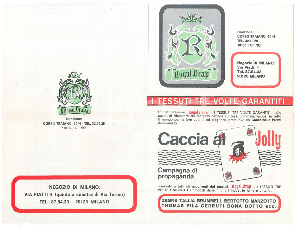 Materiale pubblicitario d’epoca 1980 ca TORINO Tessuti ROYAL DRAP  Caccia al Jolly  Concorso a premi 1