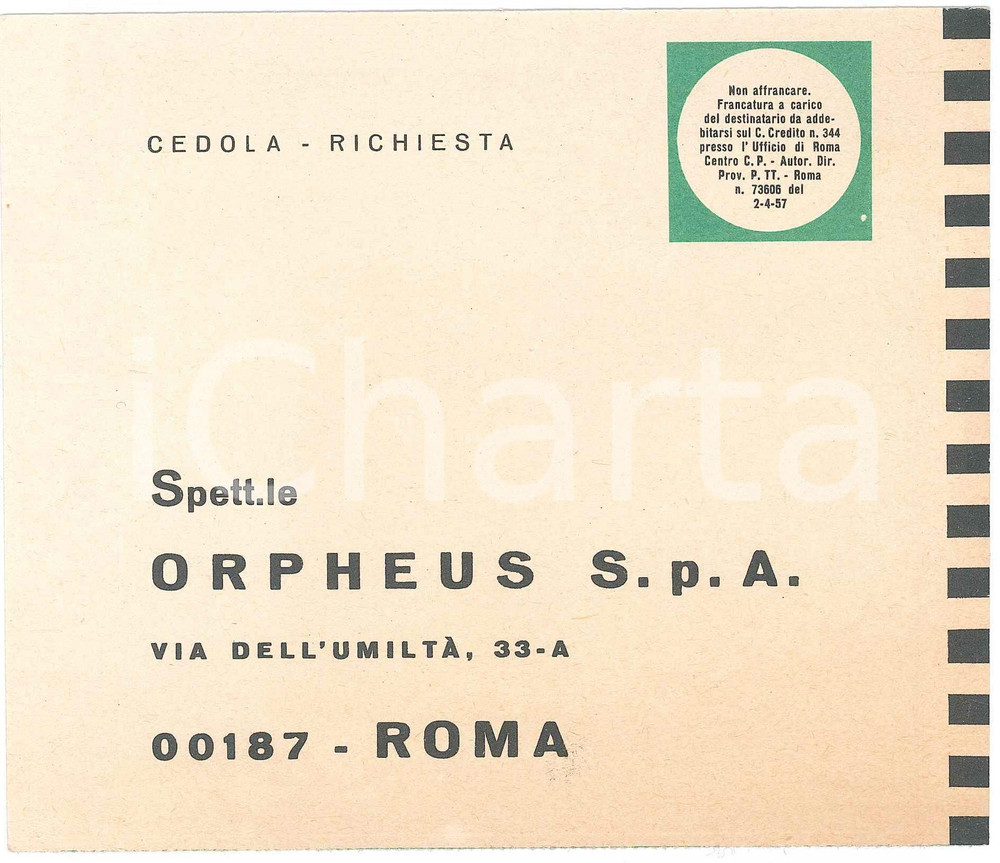 Materiale pubblicitario d’epoca 1960 ca ROMA  ORPHEUS SPA Cedola di richiesta enciclopedia L arredamento 1