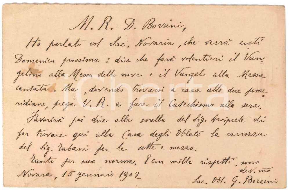 Autografo originale 1902 NOVARA Don G. BORZINI Oblati  Cartolina per celebrazione Messa AUTOGRAFO 1