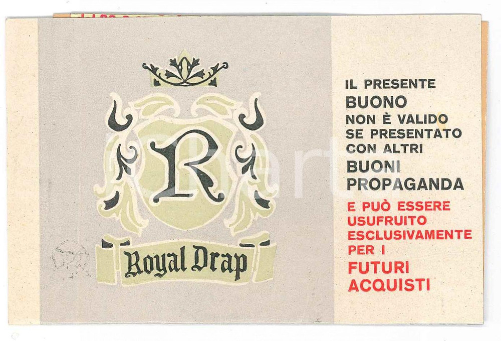 Oggetto da collezione cartaceo 1967 MILANO Negozio ROYAL DRAP  Buono con jolly per confezione omaggio 1