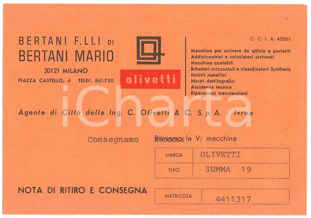 Documento originale, autentico 1972 MILANO Fratelli BERTANI Nota di consegna per OLIVETTI Summa 19  15x21 cm 1