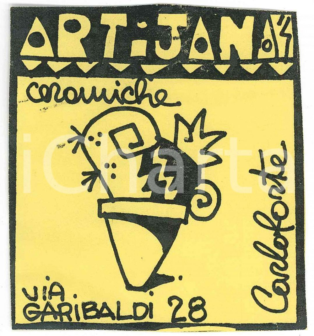 Oggetto da collezione cartaceo 1980 ca SARDEGNA CARLOFORTE  ARTIJANAS ceramiche  Etichetta illustrata 8x9 cm 1
