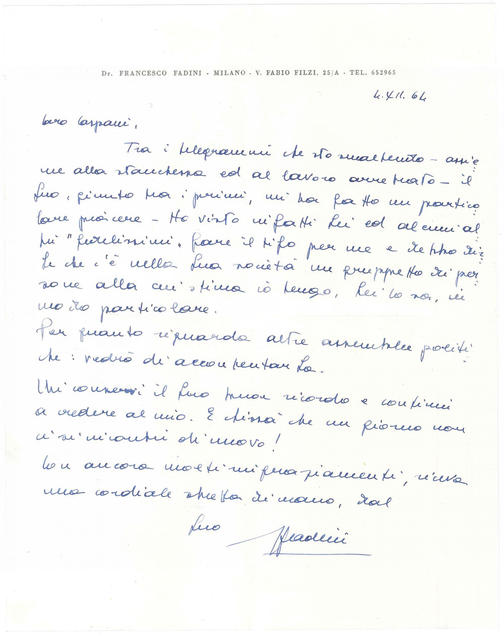 Autografo originale 1964 MILANO Lettera Francesco FADINI per ringraziamento  AUTOGRAFO 1