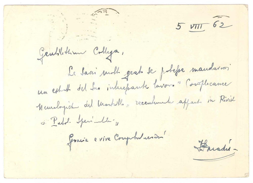 Autografo originale 1962 CATANIA Cartolina prof. Felice PARADISO  Clinica Pediatrica  AUTOGRAFO 1