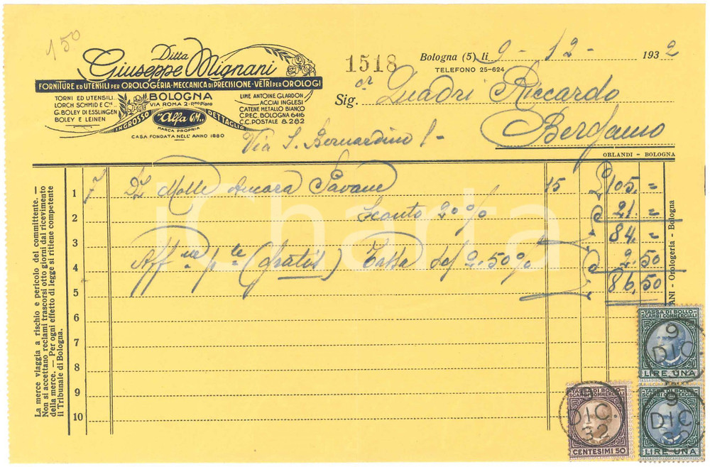 Documento originale, autentico 1932 BOLOGNA Via Roma 2  Giuseppe MIGNANI Forniture per orologeria Fattura 6 1