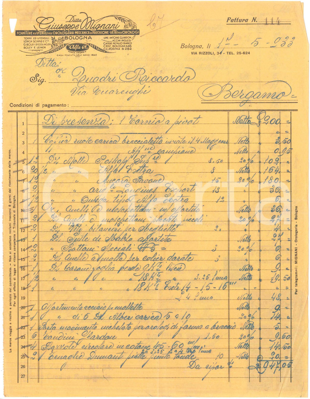 Documento originale, autentico 1932 BOLOGNA Via Rizzoli 34  Giuseppe MIGNANI Forniture orologeria Fattura 1