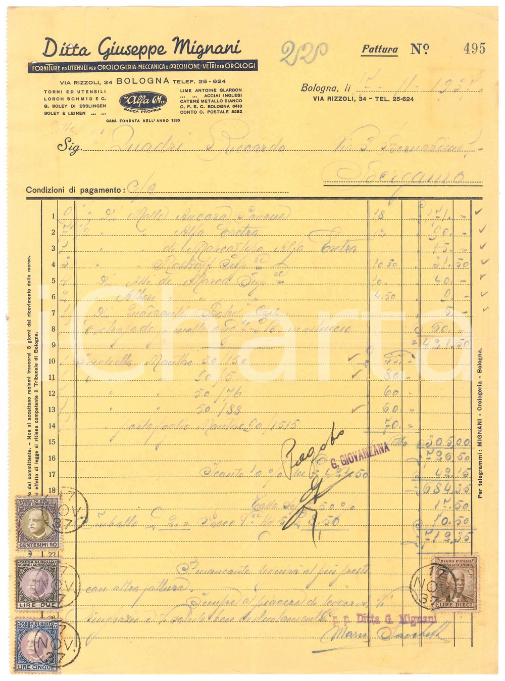 Documento originale, autentico 1937 BOLOGNA Via Rizzoli 34  Giuseppe MIGNANI Forniture orologeria Fattura 1