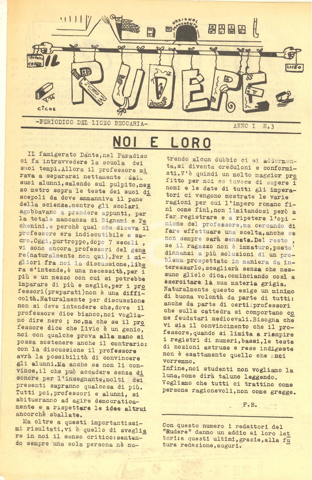 Giornale, rivista storica 1954 MILANO IL RUDERE Giornale Liceo BECCARIA  Voto palese nÂ°3 1
