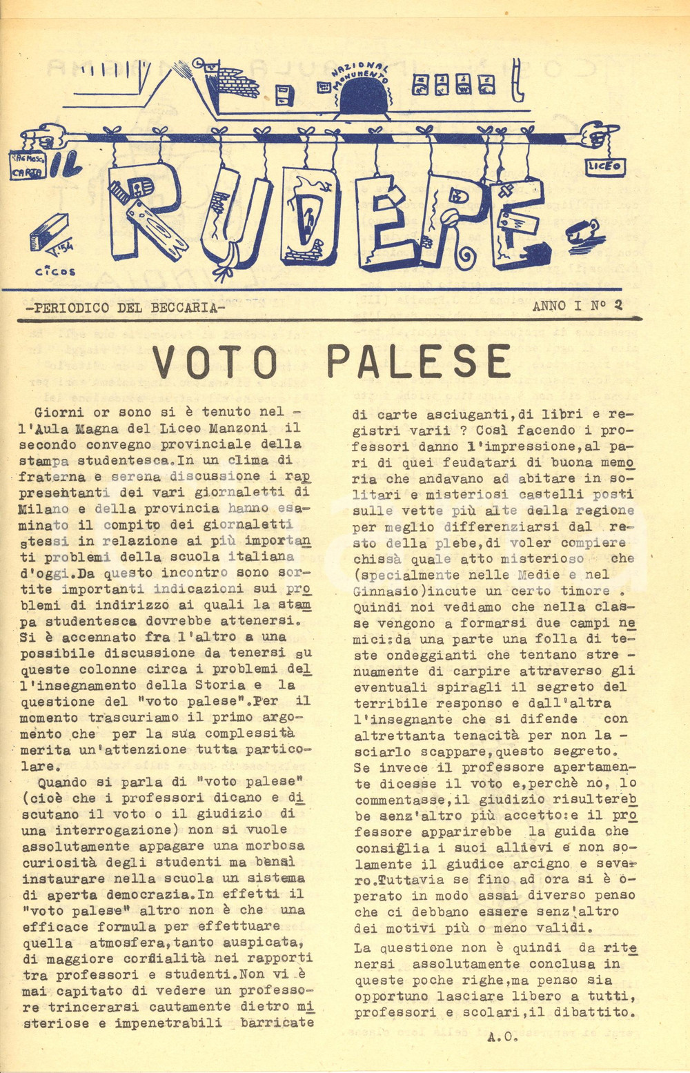Giornale, rivista storica 1954 MILANO IL RUDERE Giornale Liceo BECCARIA  Voto palese nÂ°2 1