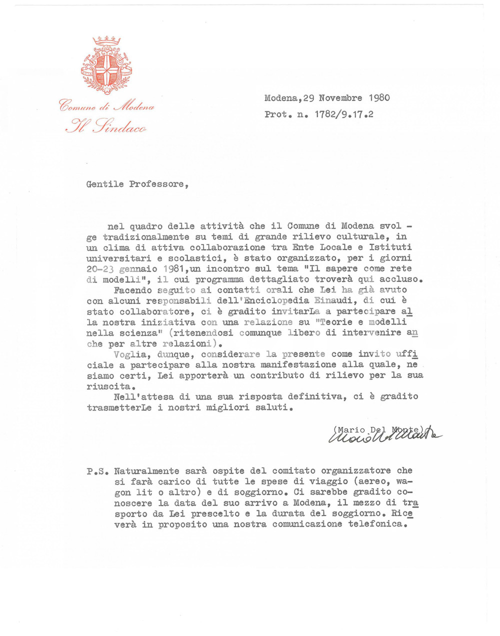 Autografo originale 1980 MODENA Lettera sindaco Mario DEL MONTE Invito per conferenza AUTOGRAFO 1