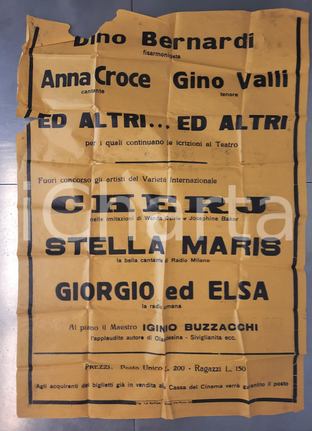 Materiale pubblicitario d’epoca 1940 ca MILANO CinemaTeatro  Manifesto VarietÃ  CHERJ Stella MARIS Dino BERARDI 1