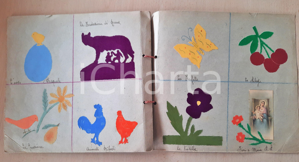 Oggetto da collezione cartaceo 1940 ca ITALIA FASCISMO Quaderno scuola elementare con collage 25x23 cm 1