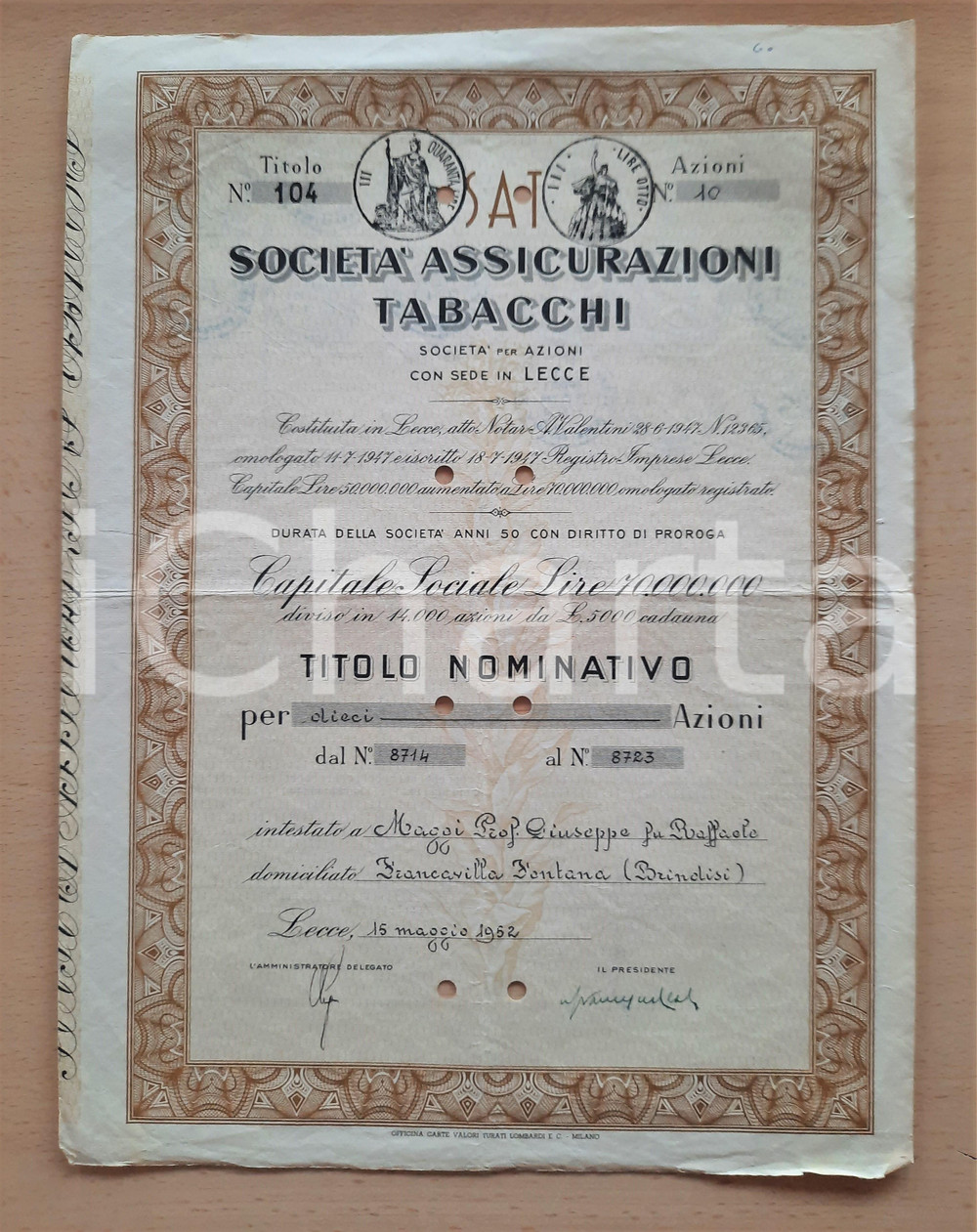 Oggetto da collezione cartaceo 1952 LECCE SocietÃ  Assicurazioni Tabacchi  Certificato azionario 2 1