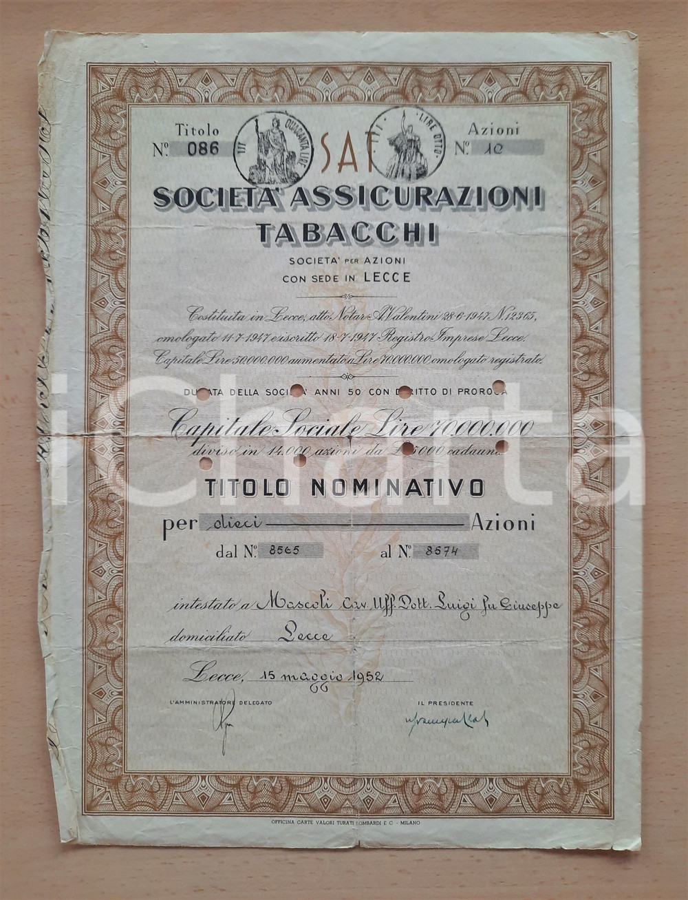Oggetto da collezione cartaceo 1952 LECCE SocietÃ  Assicurazioni Tabacchi  Certificato azionario 3 1