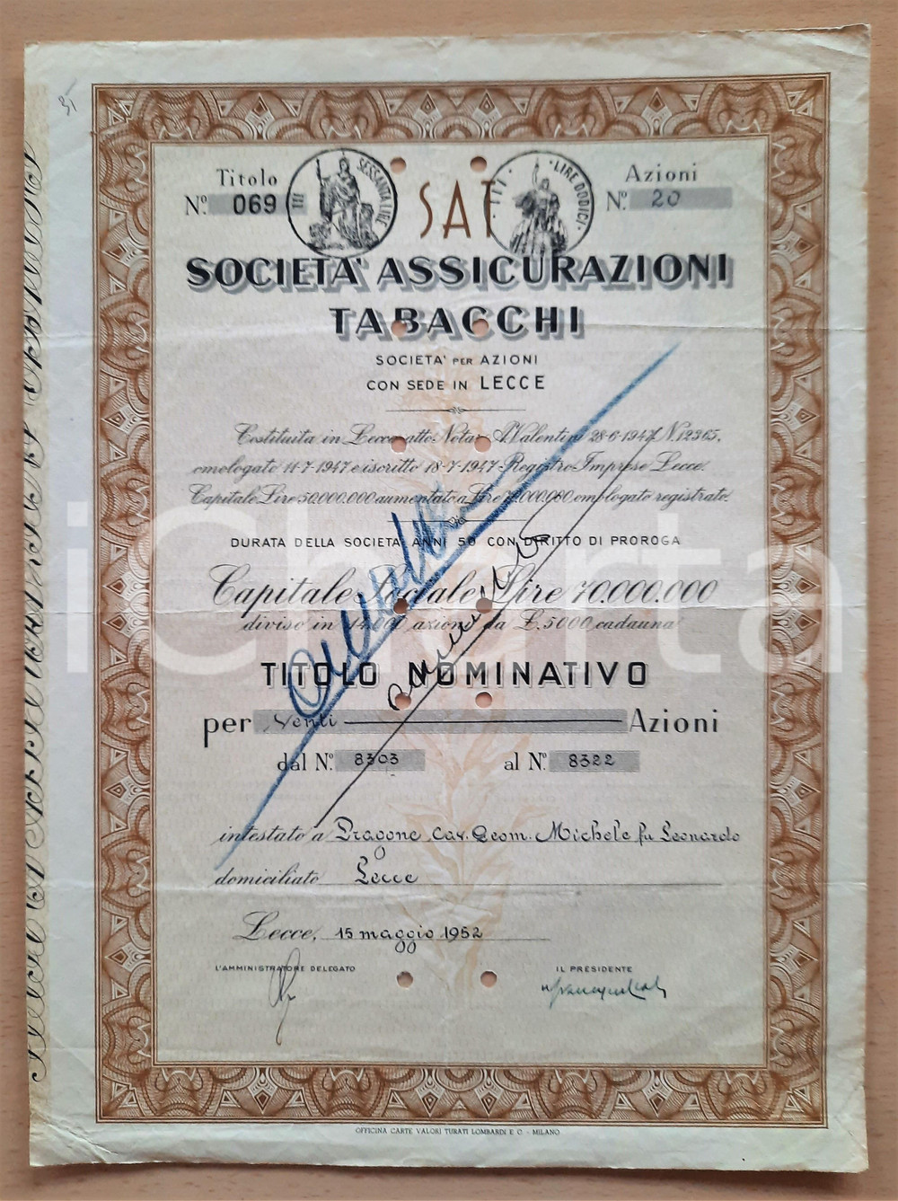 Oggetto da collezione cartaceo 1952 LECCE SocietÃ  Assicurazioni Tabacchi  Certificato azionario 4 1